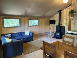 sala de estar con sofá azul y TV en Cherry Tree Safari Lodge, en Talaton