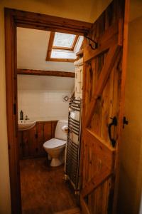 a bathroom with a toilet and a window and a door at Holwell Holistic Retreat in Barnstaple