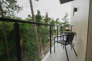 a balcony with a chair and a view of the woods at Ritsa Resort in Ureki