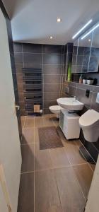 a bathroom with two sinks and two toilets at Büdingen Hanau Frankfurt Monteurwohnung in Büdingen +18 photos