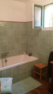 ein Bad mit einer Badewanne und einem Fenster in der Unterkunft Pavillon dans un écrin de verdure avec piscine in Lodève