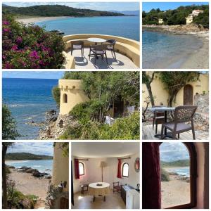 a collage of photos of a beach with a table and chairs at Résidence Les Mandiles in Cargèse