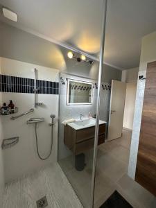 a bathroom with a sink and a shower at AU COEUR DU TERROIR CHAMPENOIS in Chavot-Courcourt
