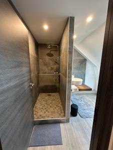 La salle de bains est pourvue d'une douche et d'une baignoire. dans l'établissement AU COEUR DU TERROIR CHAMPENOIS, à Chavot-Courcourt