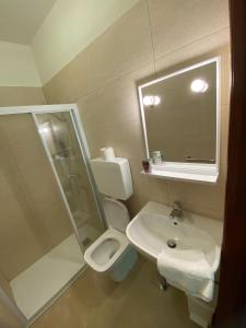 bagno con servizi igienici, lavandino e specchio di Locanda El Piron a Chiampo