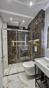 La salle de bains est pourvue d'une douche, de toilettes et d'un lavabo. dans l'établissement City Center Apartment, à Tirana