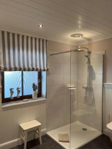 a glass shower in a bathroom with a window at Schnuckenhütte in Soltau