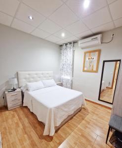 1 dormitorio con 1 cama blanca grande y espejo en Hostal El Brillante - Alojamientos El Duque, en Córdoba