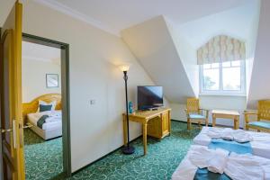 Pokój hotelowy z 2 łóżkami i lustrem w obiekcie Ferien Hotel Fläming w mieście Niemegk