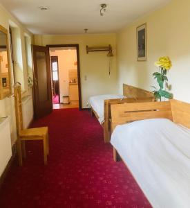 Habitación de hotel con 2 camas y alfombra roja en Ferienwohnung „Familie Mehle“, en Wernigerode