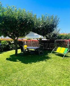 einen Tisch und Stühle unter einem Regenschirm im Gras in der Unterkunft Casa da Portela in Paredes de Coura