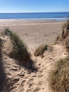 a sandy beach with some grass and the ocean at Shanadune in Tralee