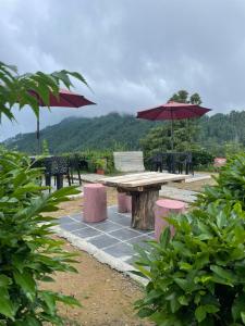 a picnic table with benches and umbrellas with a view at KAT RESORT PVT.LTD in Kakani