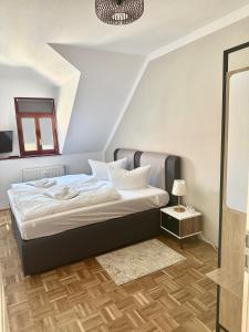 ein Schlafzimmer mit einem Bett in einem Zimmer in der Unterkunft TraumFerienwohnung "Am Markt" in Pirna - Sächsische Schweiz in Pirna