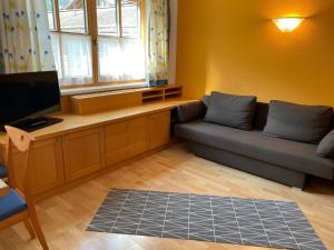 ein Wohnzimmer mit einem Sofa und einem Flachbild-TV in der Unterkunft Apartment Kathrein - ISL505 by Interhome in Ischgl