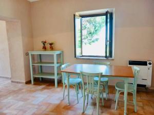 uma sala de jantar com uma mesa e cadeiras e uma janela em Colle Costanza em Todi