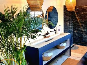 PJURE Wellness Retreat & Spa في مونتاغو: حمام مع حوض ومرآة