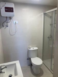 a bathroom with a toilet and a shower and a sink at El Marinero, piso 2 y piso 3 in La Santa