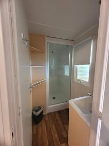 a bathroom with a shower and a sink and a mirror at MobilHome Nicolette EUROPAPARK 20min in Boofzheim