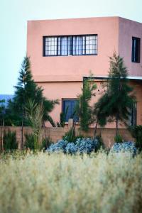 a pink building with palm trees in front of it at GreenLand in Bir Jedíd Saint-Hubert