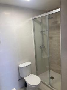 a bathroom with a toilet and a glass shower at El Marinero, piso 2 y piso 3 in La Santa