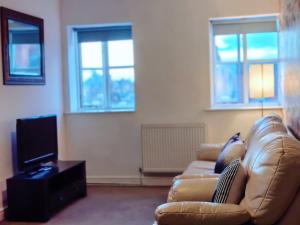 a living room with a leather couch and a tv at Bee Stays - Crossbar Hotel One-Bedroom Flats in Warrington