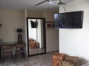 uma sala de estar com uma televisão de ecrã plano e um espelho em Guesthouse-TheView em Ribeira Brava