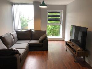 a living room with a couch and a flat screen tv at Charming 2-Bed Apartment in Christchurch in Christchurch