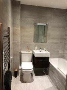La salle de bains est pourvue de toilettes, d'un lavabo et d'une baignoire. dans l'établissement Charming 2-Bed Apartment in Christchurch, à Christchurch