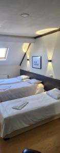 ブリュッセルにあるサンライズ アパートホテルのベッド3台、壁掛けテレビが備わる客室です。