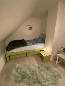 Dormitorio pequeño con cama y alfombra en Stilvolle Ferienwohnung unter Reet in Windbergen, en Windbergen