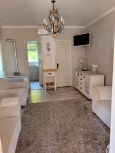 a living room with two couches and a tv at Boglar Vintage in Balatonboglár