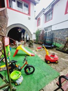 a yard with many different kinds of toys on the grass at Pensiunea Rock and Red in Râşnov