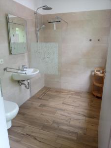 y baño con aseo, lavabo y ducha. en Therapiescheune Egsdorf - Monteurwohnungen, en Egsdorf