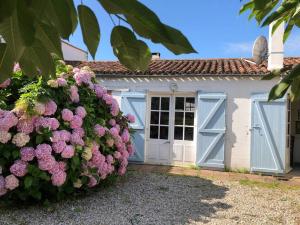 uma casa com portas azuis e flores roxas em Belle maison vendéenne em Jard-sur-Mer