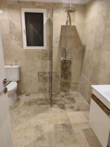 een badkamer met een douche, een toilet en een wastafel bij Villa MK in Kalkan