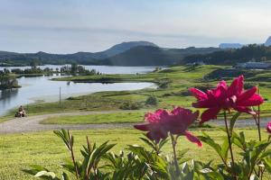 a view of a lake with flowers in the foreground at Feriehus i landlige område med nydelig utsikt in Leirvik