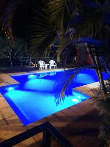 a swimming pool at night with two chairs and a palm tree at Cabañas Doralia in Oberá
