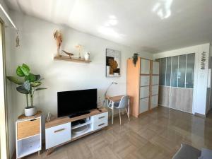 a living room with a flat screen tv and a table at STUDIO-PORT-MARINA, Parking privé, climatisé au "DUCAL" in Villeneuve-Loubet