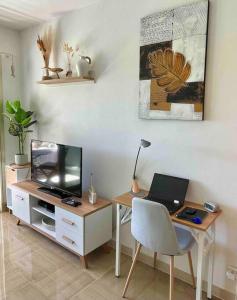 a room with a desk with a laptop and a television at STUDIO-PORT-MARINA, Parking privé, climatisé au "DUCAL" in Villeneuve-Loubet +37 photos