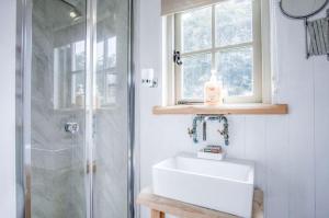 un baño con lavabo y ducha en Haven View - 1 Bedroom Shepherds Hut - St Ishmaels, en Saint Ishmaels