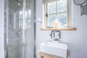 a bathroom with a sink and a shower at Haven View - 1 Bedroom Shepherds Hut - St Ishmaels in Saint Ishmaels