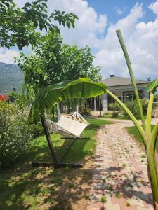 a bench sitting in the grass next to a house at ADRASAN TATİL EVLERİ 1 in Adrasan