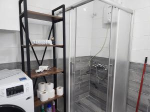 a shower in a bathroom with a washing machine at ADRASAN TATİL EVLERİ 1 in Adrasan