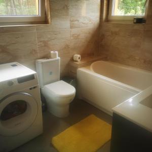 a bathroom with a toilet and a tub and a sink at Rooms in Vilnius in Vilnius