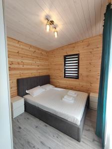 伯伊萊戈沃拉的住宿－Kub Baile Govora，木制客房内的一间卧室,配有一张床