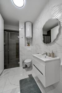 ein Badezimmer mit einem Waschbecken, einem WC und einem Spiegel in der Unterkunft Porto lux in Aranđelovac