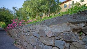 un mur en pierre avec des fleurs roses sur lui dans l'établissement Appartamento nel verde a Firenze, à Settignano