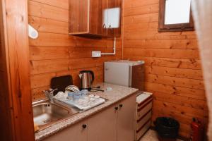 a small kitchen with a sink and a refrigerator at Village of Peace - House 38 in Shkodër