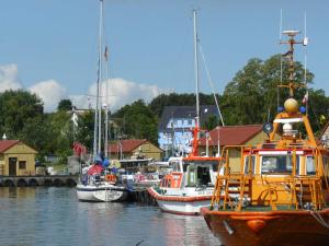 een groep boten is aangemeerd in een haven bij Holiday Home Blu Hus in Freest